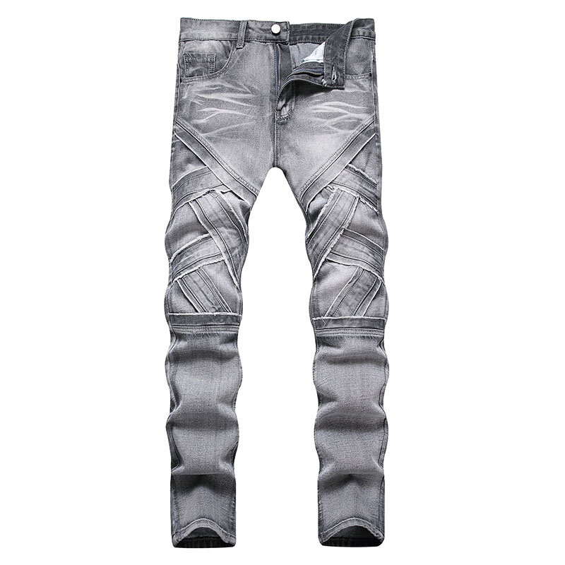 Mcikkny męskie spodnie patchworkowe dżinsy w stylu Vintage dla motocyklistów w jednolitym kolorze proste spodnie jeansowe Slim Fit