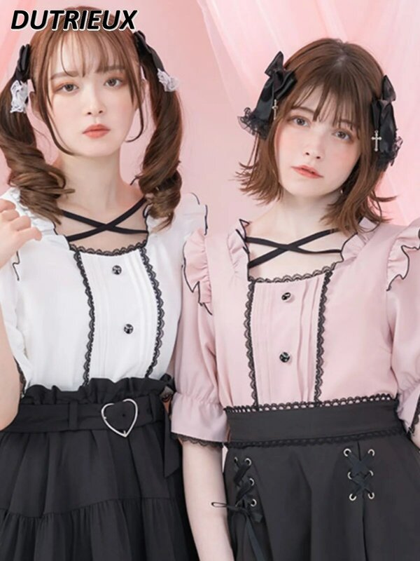 Mine Japanese Lolita Bowknot Short Sleeve Shirt Top Female Sweet Ruffled Square Collar Camisas De Mujer Summer Blouses Women