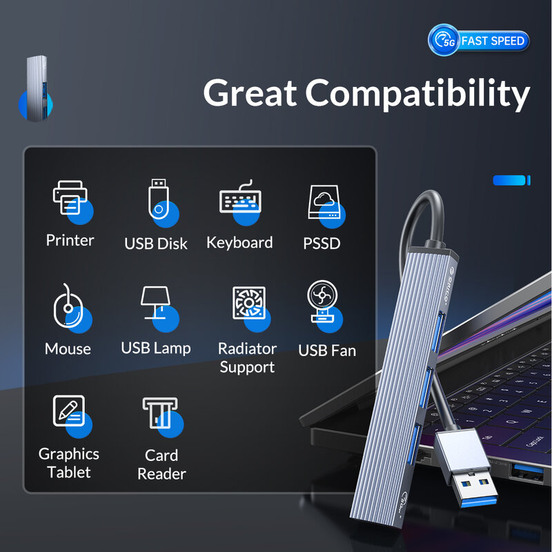 ORICO-알루미늄 타입 C 허브 4 포트 USB 3.0 2.0 멀티 스플리터 OTG 어댑터, 휴대용 TF 도크 맥북 프로 PC 컴퓨터 액세서리