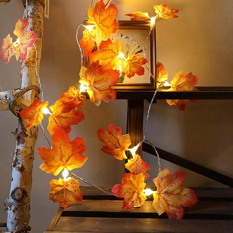 Decorazioni autunnali per luci a stringa di foglie di casa, ghirlanda di foglie d'acero a batteria all'aperto per decorazioni natalizie