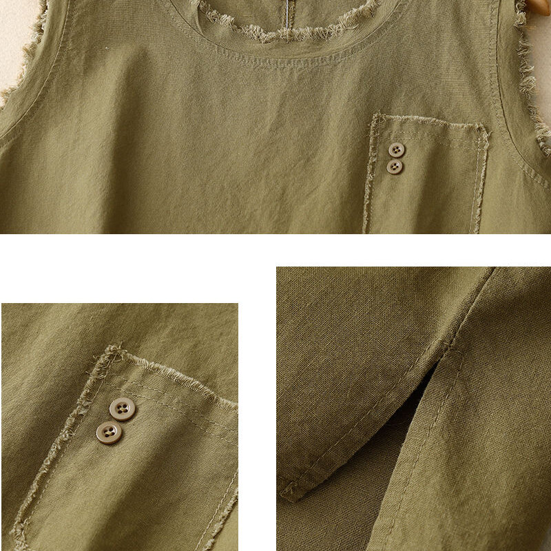 Camiseta de linho sem mangas solta com decote em cima, borda de rebarba, camiseta e tanque fashion, casual e versátil regata verde do exército, verão 2024
