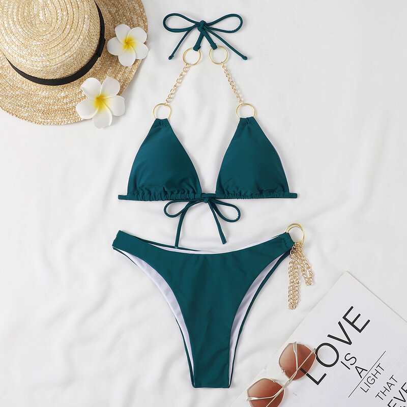 Seksowny mikro Bikini 2024 kobiet Halter brazylijskie Bikini zestaw łańcuch damski strój kąpielowy nowy trójkąt strój kąpielowy strój kąpielowy plażowy kostium kąpielowy