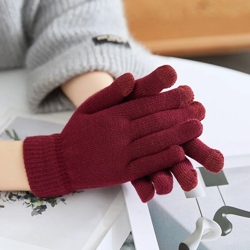 Gants chauds d'hiver en coton tricoté à cinq doigts pour femmes et hommes, noirs, cadeaux de noël