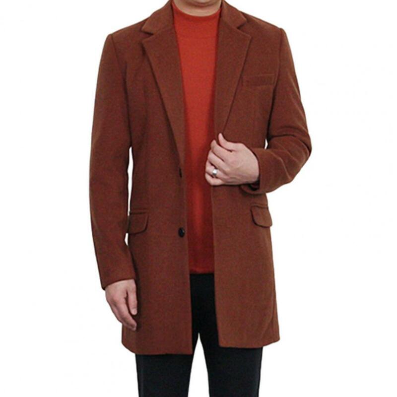 Fall Winter Men Overcoat Formal Lapel Design Turn-down Collar Long Coat Solid Color Single-breasted Pockets Mid Length Suit Coat
