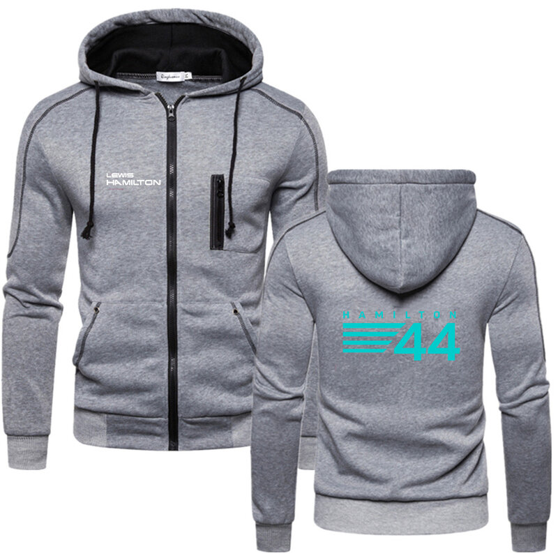2023 men's autumn and winter new F1 driver Lewis Hamilton number 44 logo printed hooded zipper hooded sweatshirt solid color war