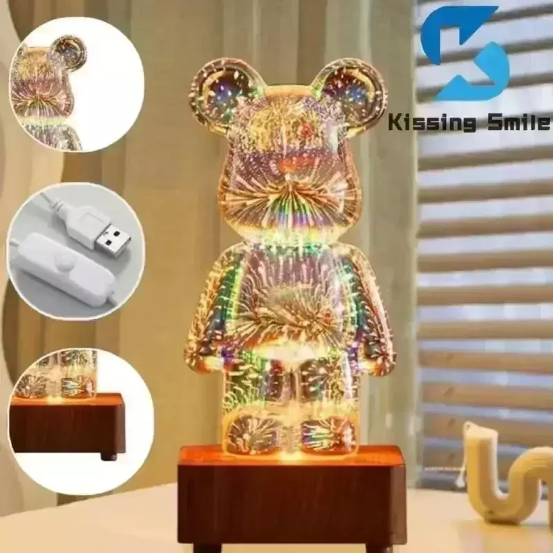 3D 불꽃놀이 곰 야간 조명 프로젝션 다채로운 USB 분위기 조광 거실 장식 룸 3D 유리 불꽃놀이 침실