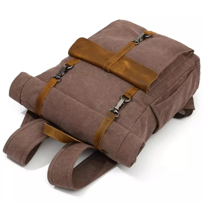 Vintage Men's Backpack Canvas with Head Cowhide Roll Top Expanded Outdoor Hiking Mountaineering rucksack