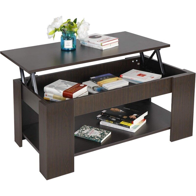 Modern Lift Top Coffee Table w/Hidden Compartment and Storage Shelves Pop-Up Storage Cocktail Table for Living Room Reception