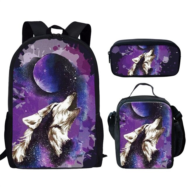 Klasyczny wilk kreatywny księżyc zabawny wilk księżycowy z nadrukiem 3 sztuk/zestaw torby szkolne mała torba na laptopa plecak piórnik torba na Lunch