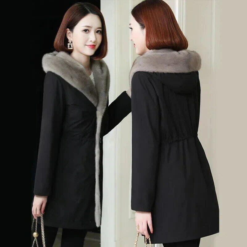 เลียนแบบ Mink Coat ผู้หญิง2022ฤดูหนาวใหม่ Fur Liner Integrated Faux เสื้อโค้ทขนสัตว์ผู้หญิงขนาดใหญ่หนายาว Hooded Warm Parkas