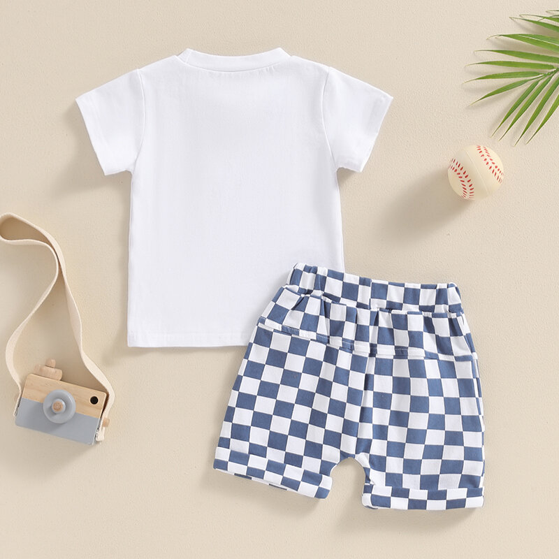 Toddler Baby Boy Summer Outfit Baseball Print Round Neck Short Sleeve Tops Checkerboard Shorts Set
