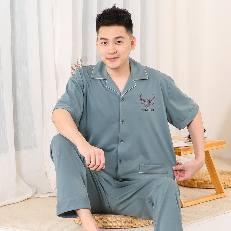 Pijama de punto de algodón para hombre, ropa de dormir de manga corta con cuello vuelto, conjunto cómodo de ocio, 4XL-5XL, Verano