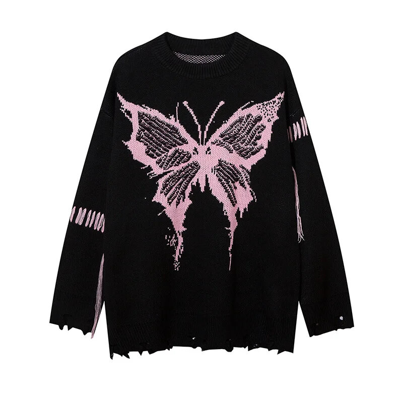 American Style Butterfly Jacquard Hole Sweater Mens Streetwear Fashion Trend Sweatshirt Harajuku Elasticity Pullover Tops Unisex