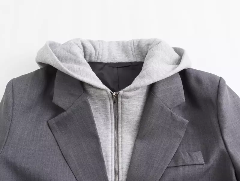 Chaqueta de retazos con capucha para mujer, abrigo elegante de una sola botonadura con bolsillos, prendas de vestir exteriores de manga larga, 2023