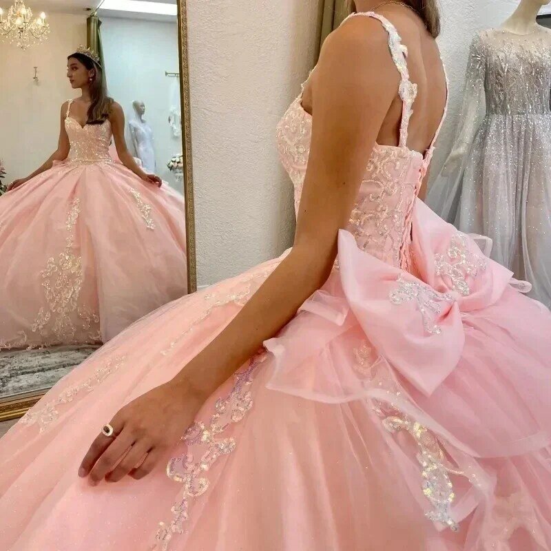Vestido De fiesta De Quinceañera De princesa rosa con tirantes finos, apliques De flores 3D, dulce 16 °, 15 años