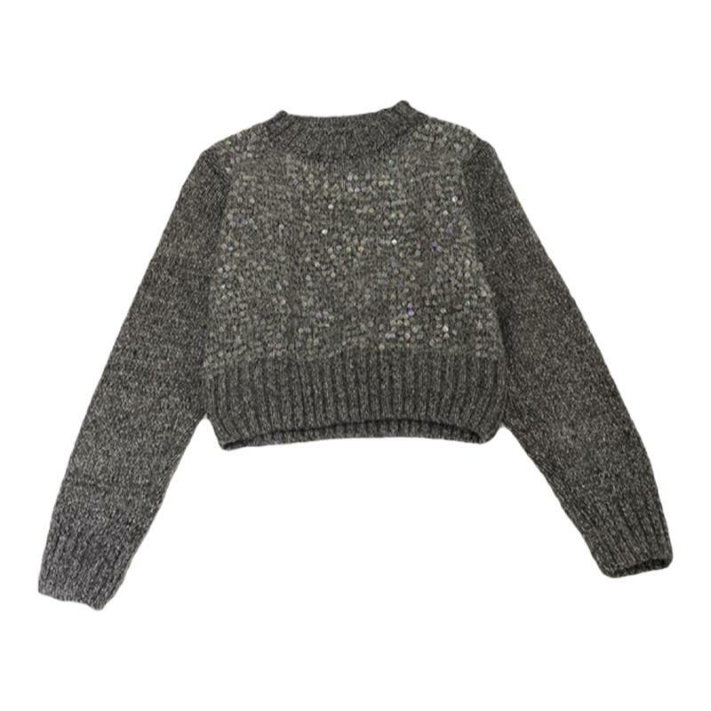 Miiiix koreańska moda 2024 jesień/zima słodki pulower z okrągłym dekoltem styl uniwersalny cekinowy krótki, z dzianiny sweter