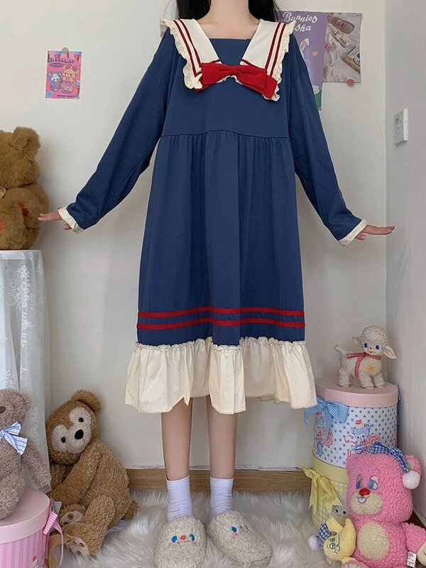 Autumn Kawaii New Japanese Sailor Collar Dresses Sweet Temperament Navy bowknot School Uniform Girls Cute Casual Dress