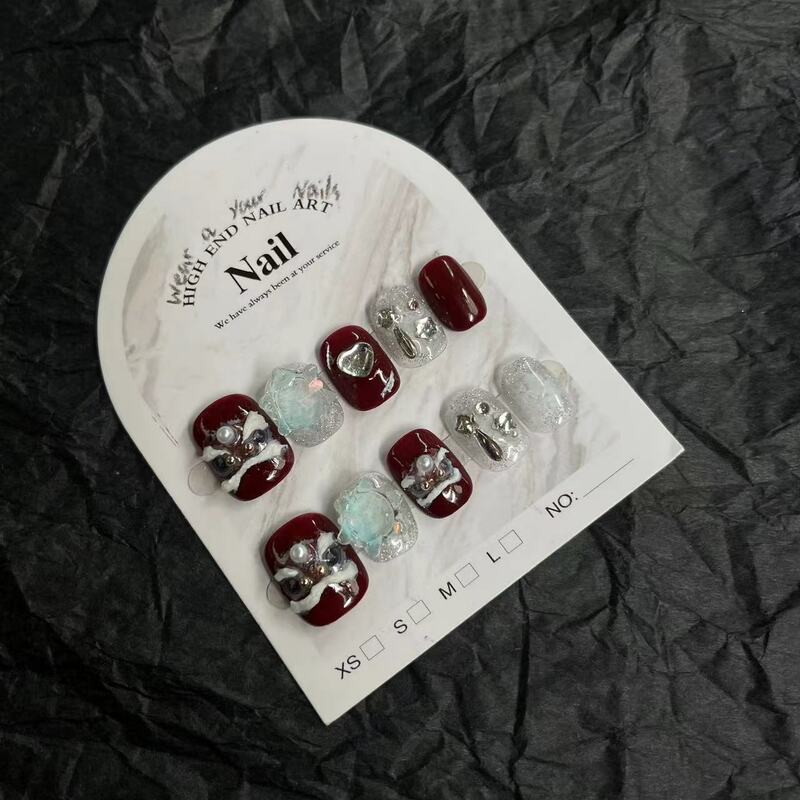 10PCS Handmade Cute Press on Nails Short Red Lion 3D Rhinestone Design Fake Nails Full Cover Artifical False Nail Tips
