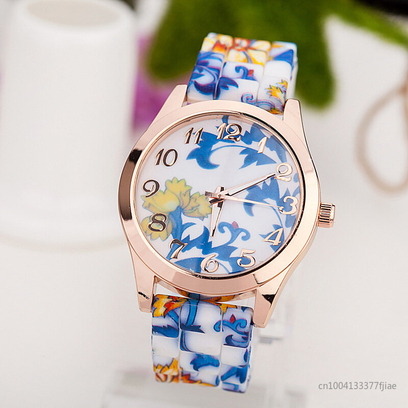 Modny zegarek na co dzień z nadrukiem pasek silikonowy zegar luksusowe zegarki damskie kwarcowe damskie wzór kwiatowy wielokolorowy zegarek na rękę Reloj
