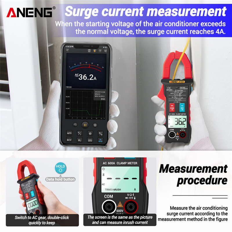 Aneng ST207 Digitale Bluetooth Multimeter Stroomtang 6000 Count True Rms Dc/Ac Voltage Tester Ac Stroom Hz Capaciteit ohm