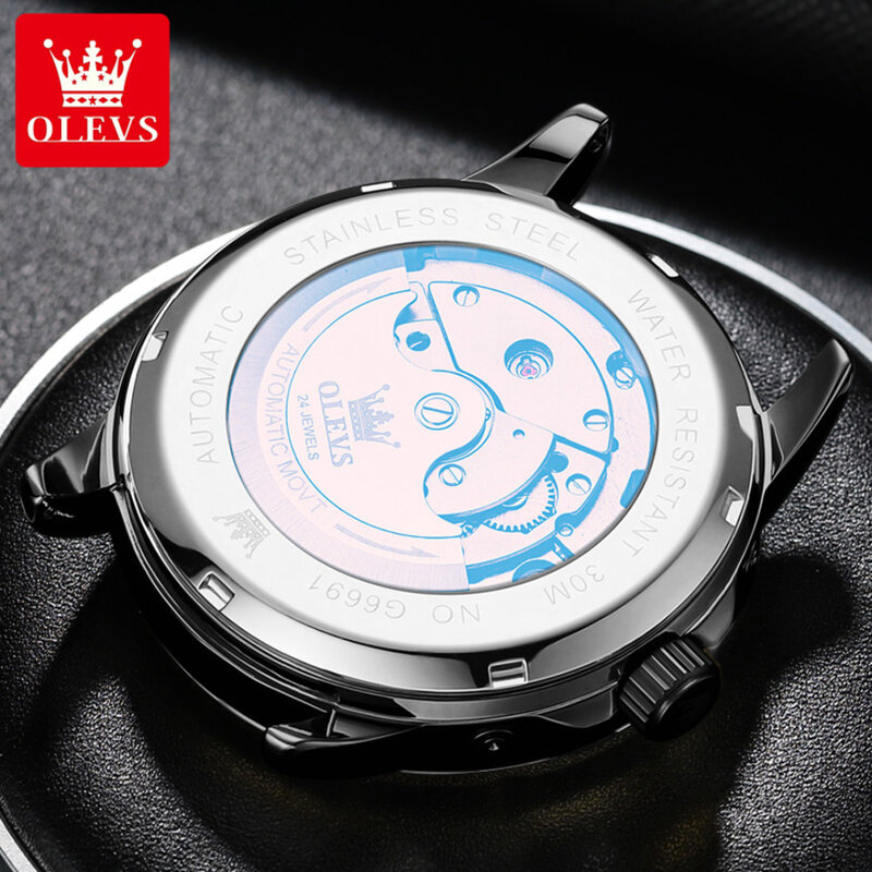 OLEVS-reloj mecánico de moda, pulsera de acero inoxidable, esfera redonda, calendario, pantalla luminosa de año, 6691