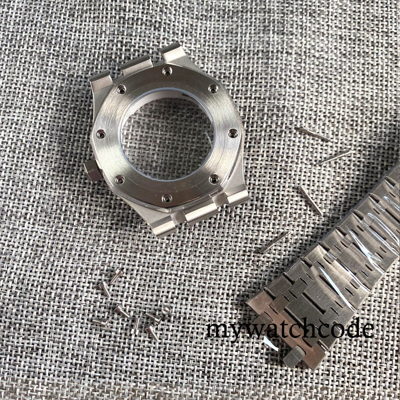 Aço inoxidável escovado octogonal Watch Case, Movimento Caseback Vidro, Sapphire Vidro, 42mm, Fit para NH35, NH36, NH34