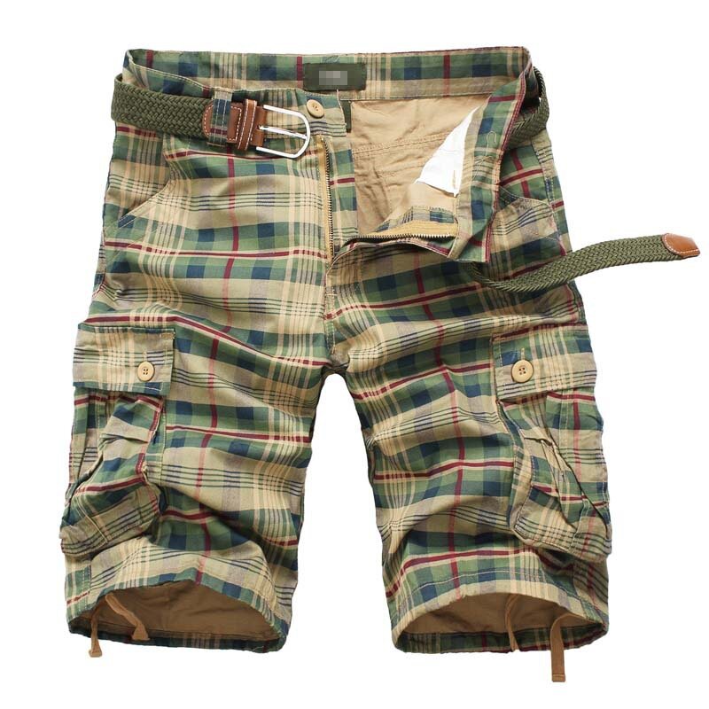 2024 Frühling Sommer Herren Baumwoll Cargo Shorts mit karierten Muster knielangen Casual Shorts für sportlichen und modischen Look
