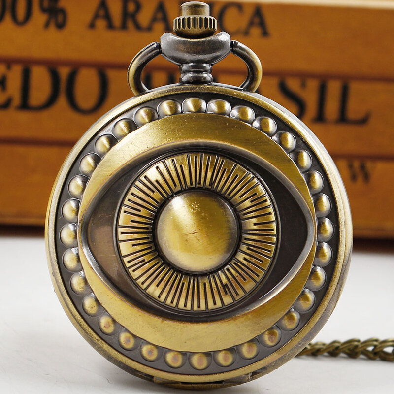 Retro Strange Eye Quartz Pocket Watch Bronze Sweater Chain Antique Necklace Clock for Men