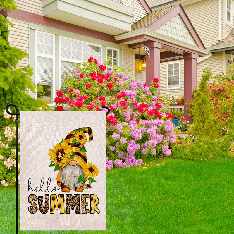 Multicolorido dupla face impresso bandeira do jardim, bandeira da estrela americana, abelha, girassol, anão, 1 conjunto
