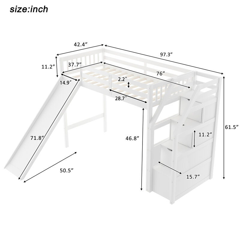 Twin Size Loft Bed com armazenamento e Slide, branco