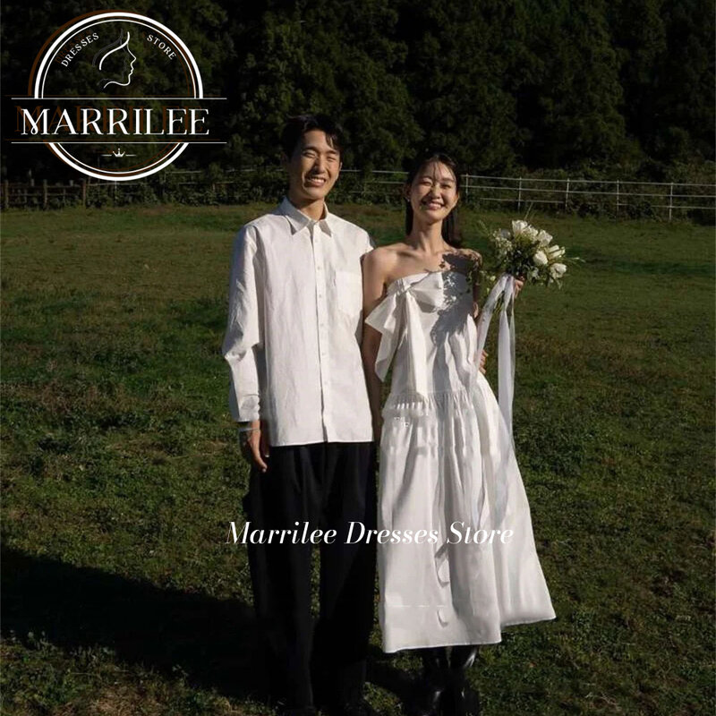 2024 Tea Length Wedding Dress Soft Satin Long Pleated Strapless Dress For Photo shoot White Dressing Gown Bride Robe De Mariee