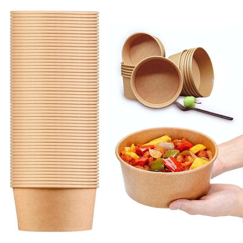 Индивидуальный продукт, контейнер для выноса пищевого класса, биоразлагаемая Одноразовая чашка для супа, чаша для салата из крафтовой бумаги с крышкой