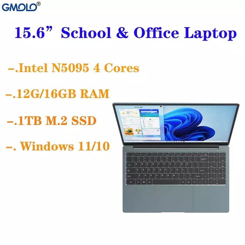 GMOLO 2023 15.6 인치 노트북 컴퓨터, 윈도우 11, 16GB DDR4 RAM M.2 SSD, Maxi 1TB N5095 쿼드 코어, 지문 잠금 해제 IPS FHD 화면