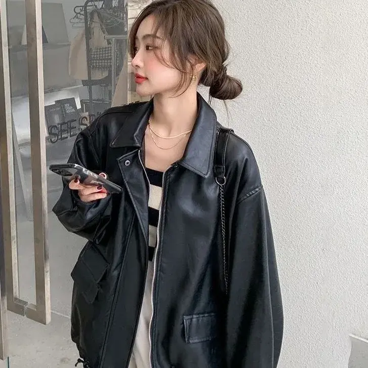 Женская Повседневная куртка из ПУ кожи, черная водонепроницаемая куртка большого размера с длинным рукавом и спущенными плечами, весна-осень 2023