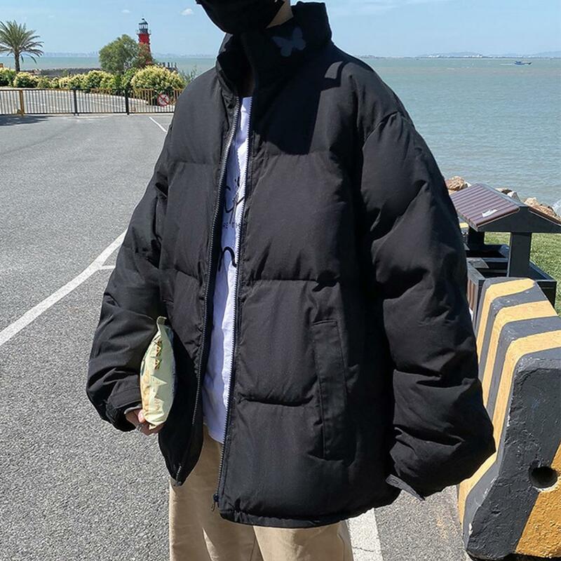 Jaqueta casual masculina, jaqueta acolchoada espessa com proteção para pescoço, à prova de vento, fecho de zíper, resistente ao frio, longo, inverno