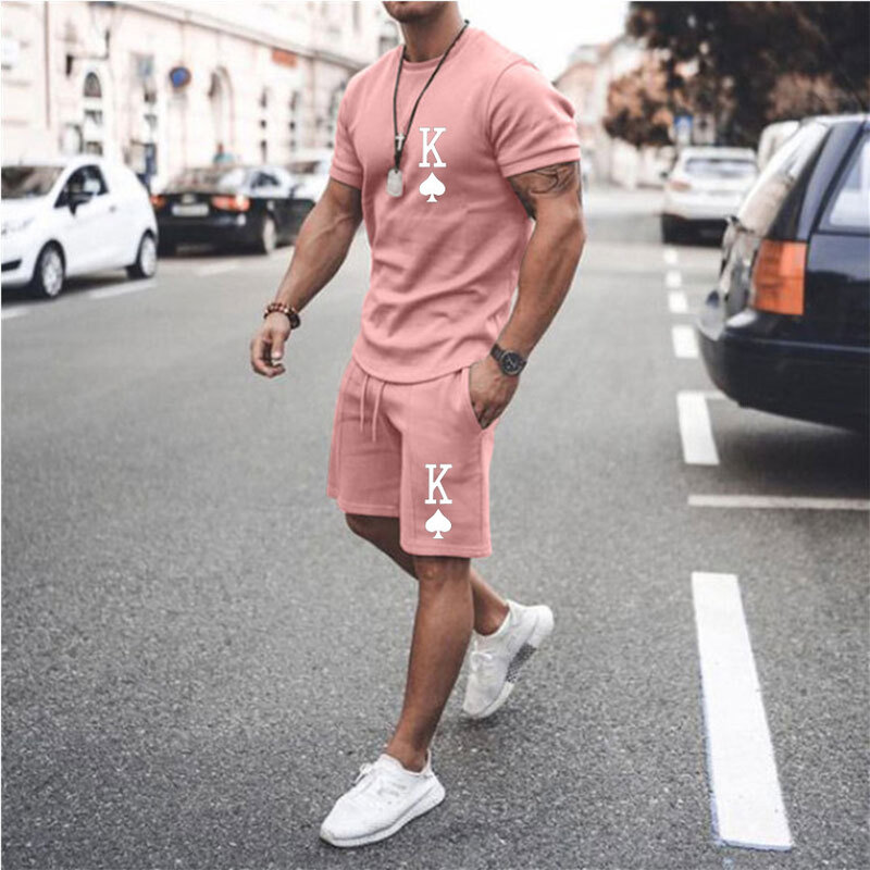 T-shirt com decote em O masculina e calções de praia, fato estampado na moda casual, tamanho asiático XS-6XL, novo, verão, 2 peças, 2023