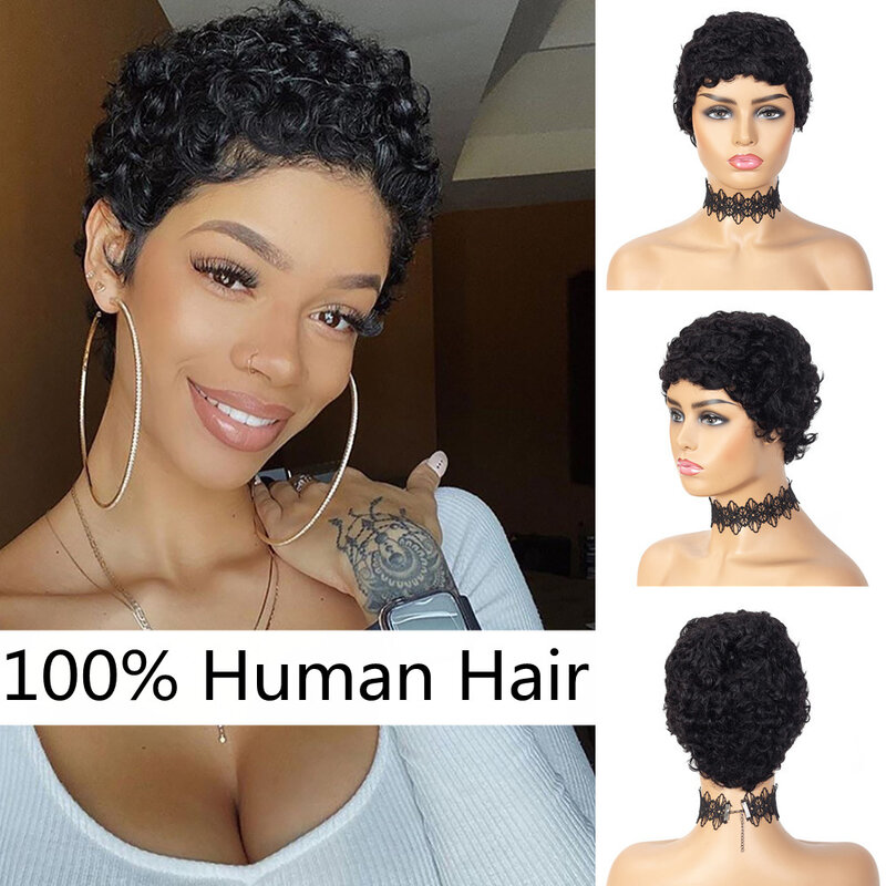 Afro Curly Short Wigs 100% Human Hair Curly Wig with Bangs Pixie Cut African Fluffy Curly Wigs for Women 1B Blond Red Wine Color