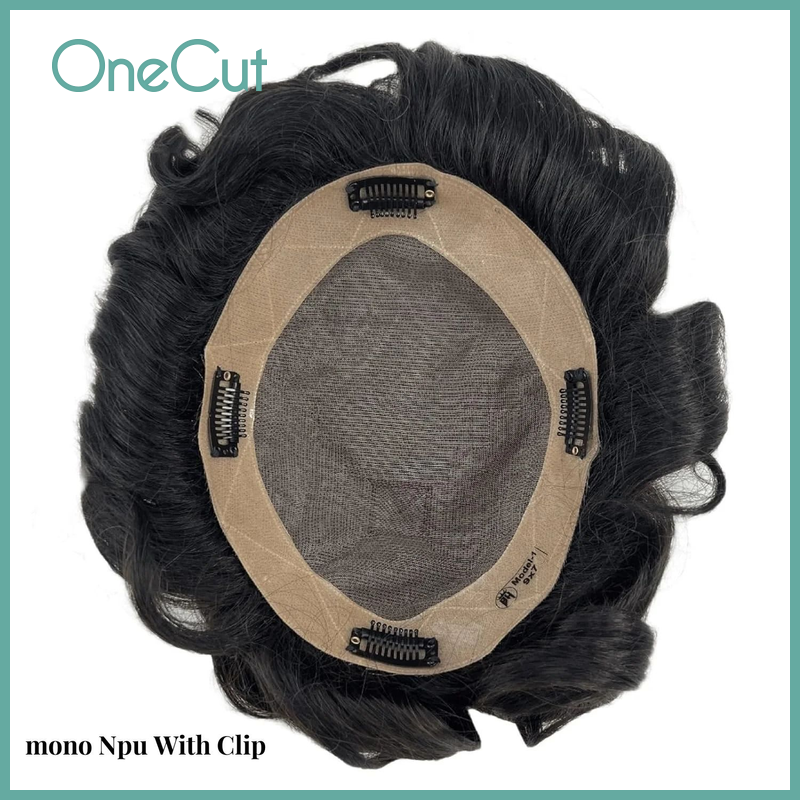 Fine Mono Base Men Toupee Clip-On Hair Systems protesi per capelli maschili durevoli 100% Indian Remy unità di ricambio per capelli umani naturali