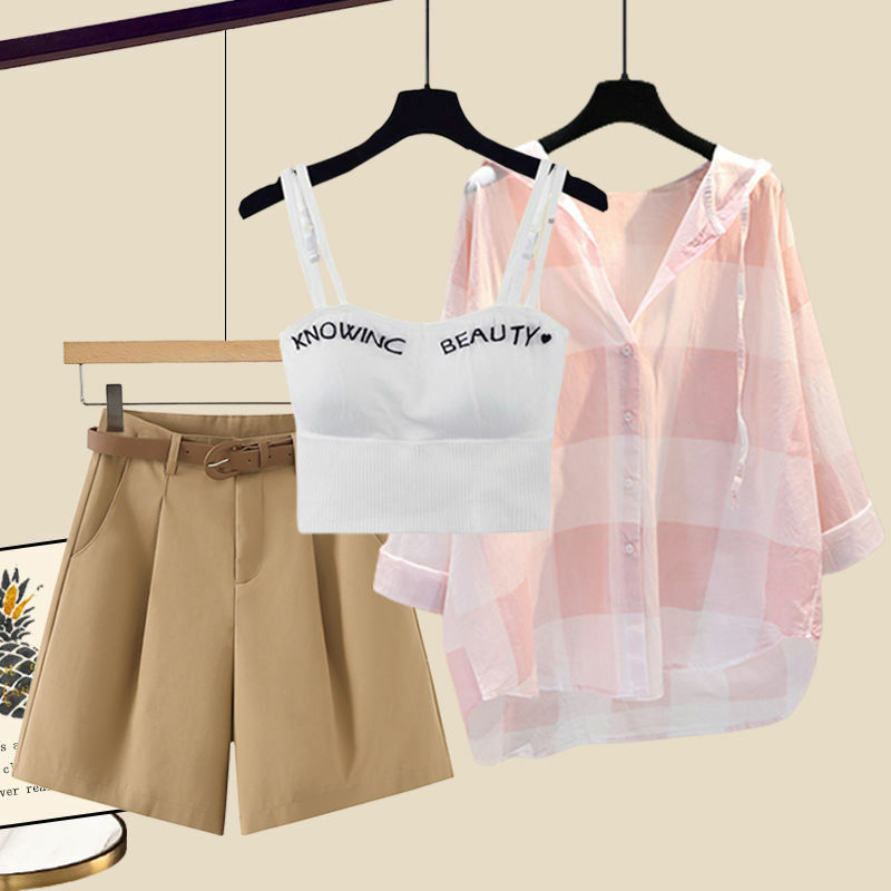 Женский комплект из трех предметов, повседневная Солнцезащитная рубашка и шорты с широкими штанинами, приталенная Майка, весна-лето 2024