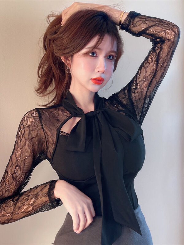 Блузка женская в стиле пэчворк, пикантная элегантная повседневная универсальная приталенная блузка в Корейском стиле, на шнуровке, в стиле ретро, милый стильный