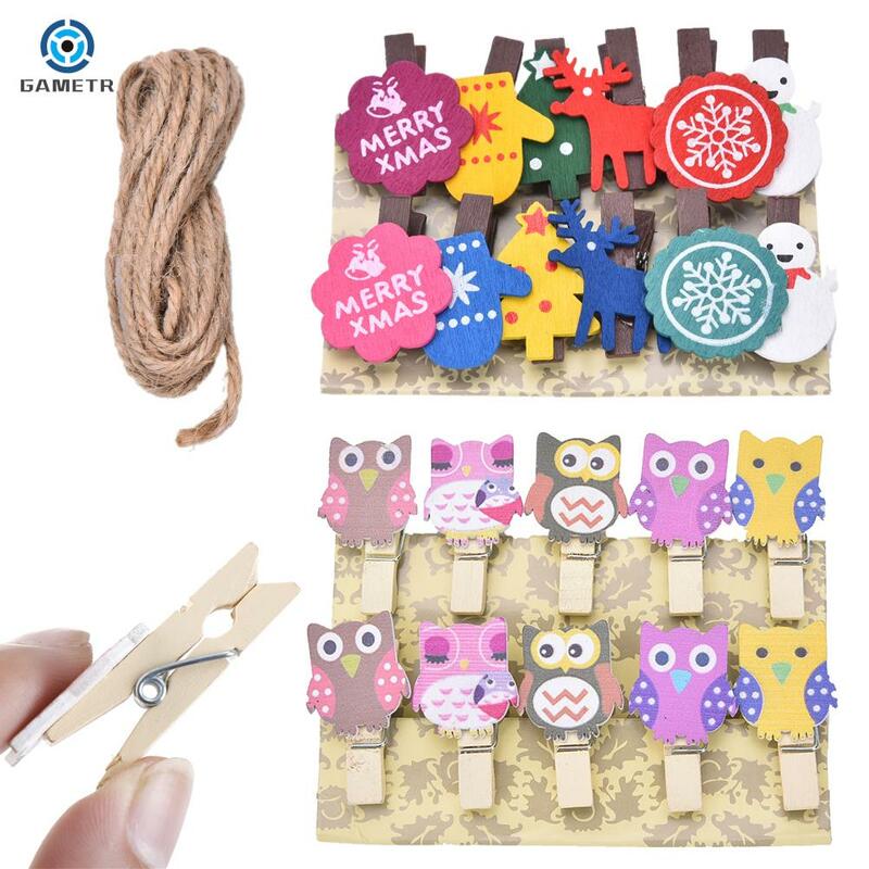 Set of 12 Christmas Snowman Wooden Pegs Paper Photo Clip with linen string,