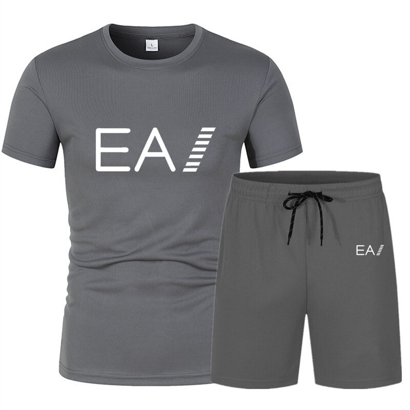 Conjunto de dos piezas de manga corta y pantalones cortos con estampado de letras EA1 para hombre, ropa deportiva informal y transpirable a la moda, novedad de verano