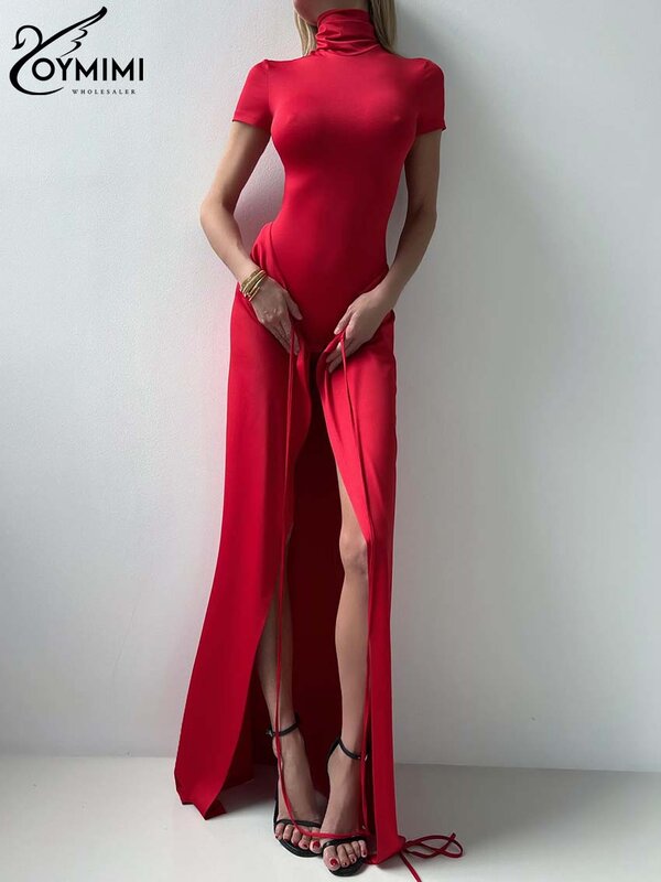 Oymimi-Ensemble élégant rouge slim pour femme, col roulé, manches courtes, jupes à lacets simples, longueur au sol, mode féminine, 2 pièces