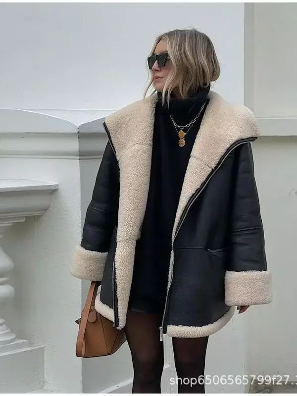 Fashion Thicken Leather Fur Women's Coat 2023 Winter Long Sleeve Velvet Lapels Coats Female Street Black Engine Lady Bike Jacket