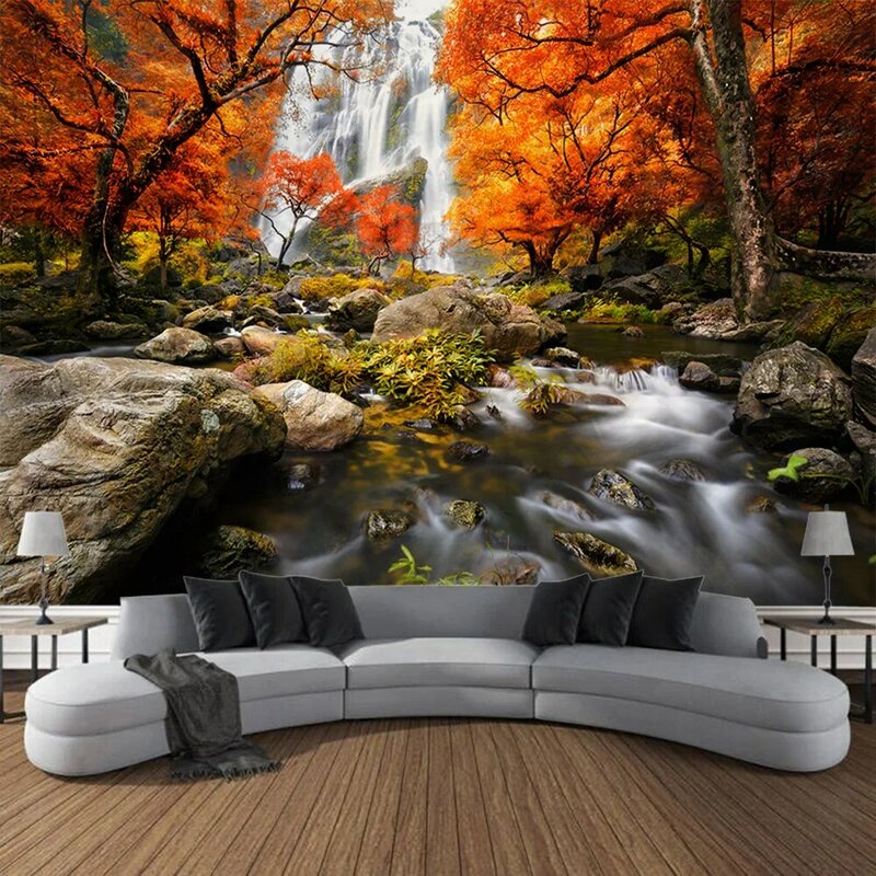 Pegunungan indah, sungai, permadani, air terjun hutan, dekorasi seni hiasan dinding rumah, kain latar belakang ruang tamu