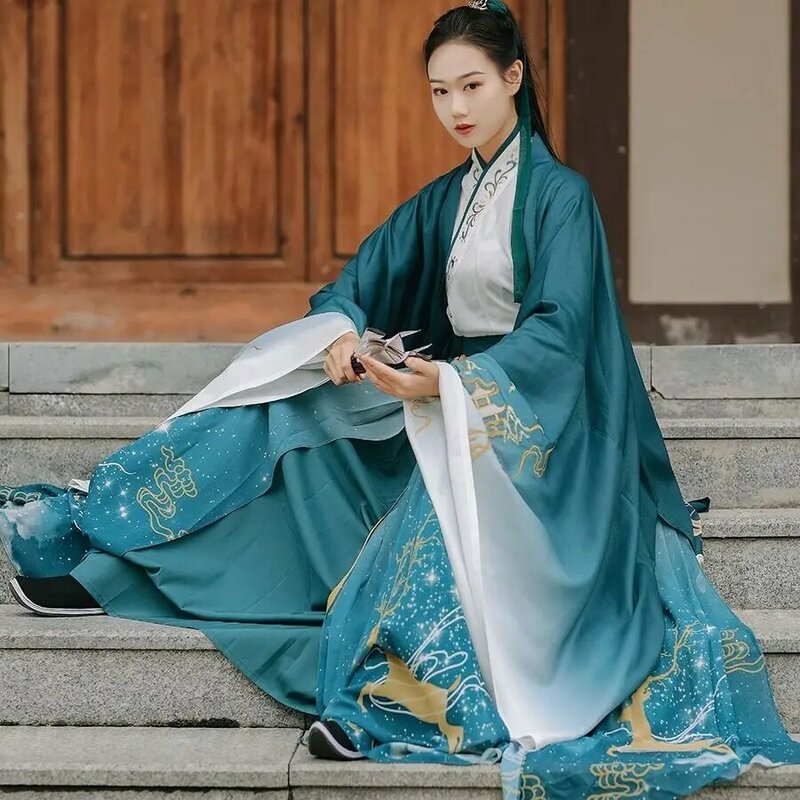 Женская одежда Hanfu с вышивкой зеленого лося, традиционный комплект ханьфу, китайское платье, карнавальный костюм