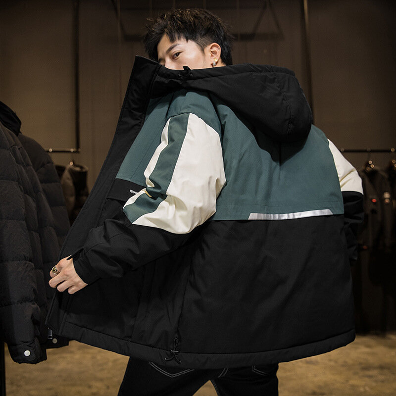Down Jacket Men's Hooded Patchwork Block Color Cargo Wear Trendy Korean Version Loose Trend Student Short Versatile Winter Coat