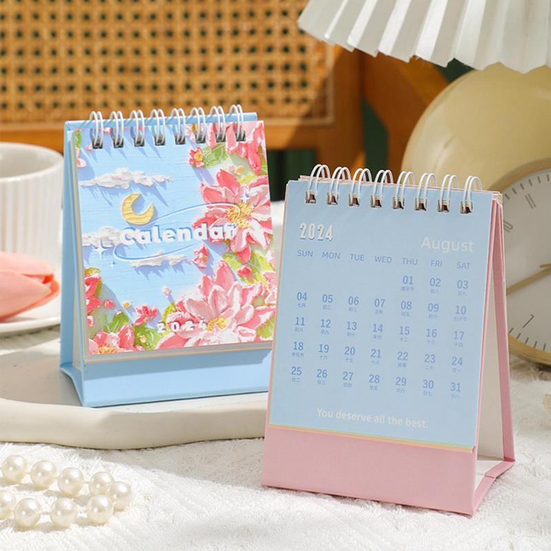 Calendario de flores para pintura al óleo de escritorio, lindo Calendario de flores decorativo para el hogar, escuela, calendario mensual pequeño 2024