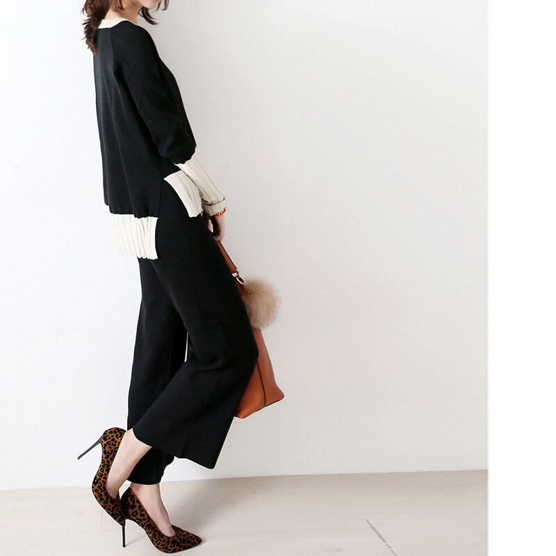 Conjunto de dos piezas de pantalones de pierna ancha para mujer, prendas de punto versátiles, Top de Panel blanco y negro, informal, suelto, nuevo estilo maduro ligero