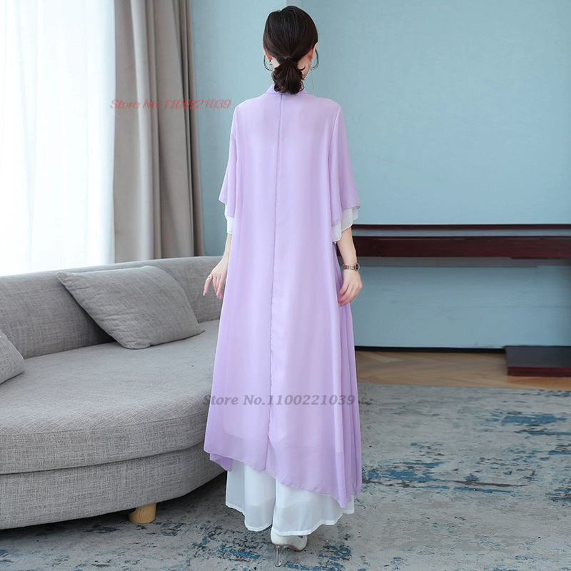 Традиционный китайский винтажный комплект 2024 года, улучшенная чайная служба, шифоновая блузка с национальным цветочным принтом ханьфу + брюки, комплект в ретро стиле